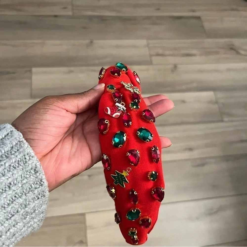 Glam Red Christmas Rhinestone Knotted Beaded Jeweled Headband